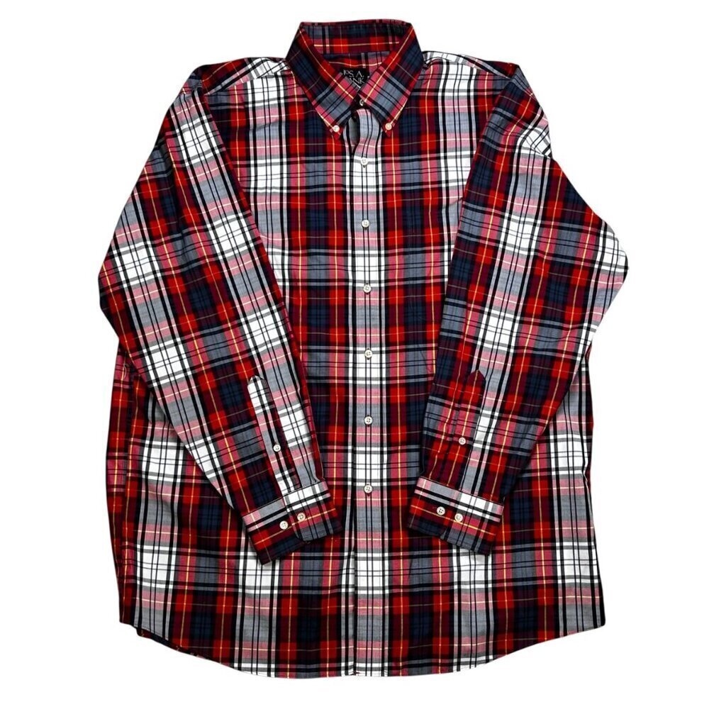 Jos A. Banks Cotton Travelers Collection Large Plaid Shirt Long Sleeve Red Offic